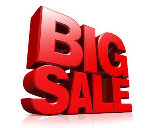 3D red text big sale on white background with reflection